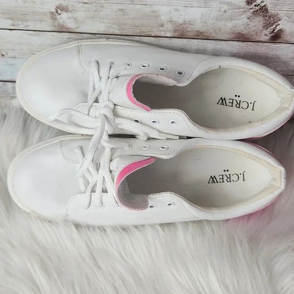 J. Crew, women's white with pink sneakers. Hardly used. Leather Flocking, Sz 7.5 - Picture 7 of 8